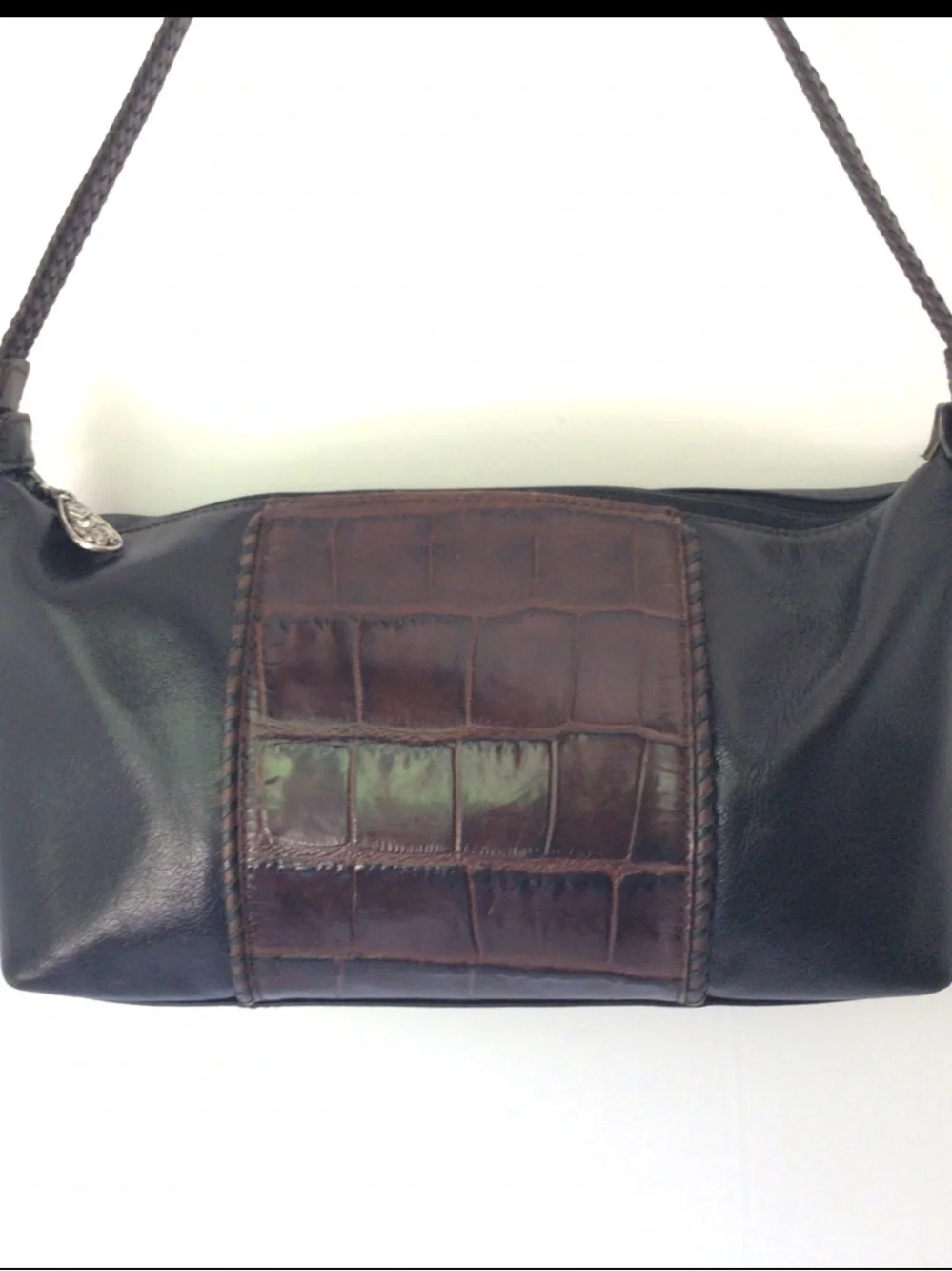 VTG Brighton Black & Brown Leather Croc Embossed Shoulder Bag Great Condition